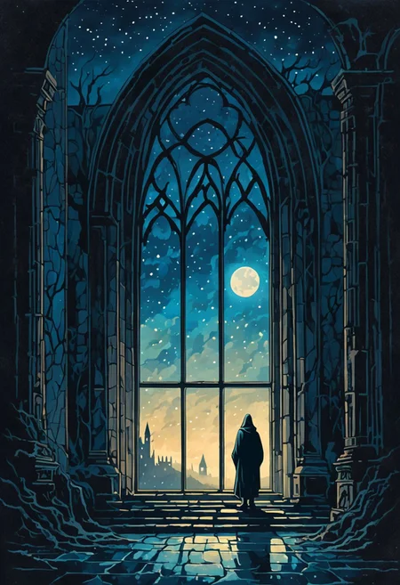 abstract dark fantasy illustration of a gigantic window emitting a soft blue light, open window, opulent drapes, the window towers over a hooded character standing in front of it, size difference, huge room with tiles, minimalistic, their long shadows cast dramatically on the floor, the blue light from the window creates a diffused glow with scattered light particles floating in the air, mysterious and eerie atmosphere, the scene is enveloped in dark tones contrasting with the ethereal blue light creating a haunting and surreal composition, detailed, shaded, contemplative atmosphere, somber mood, old castle background, night sky with big moon, fog, stars, galaxies, oil painting, romantic impressionism, dream scenery art, oil matte painting, detailed, shaded, contemplative atmosphere, somber mood, book cover illustration style, incredible full pastel colors, glitter, vignette, retro, sharp focus, wide angle lens, scenic, oil painting cromulent, OverallDetailXL