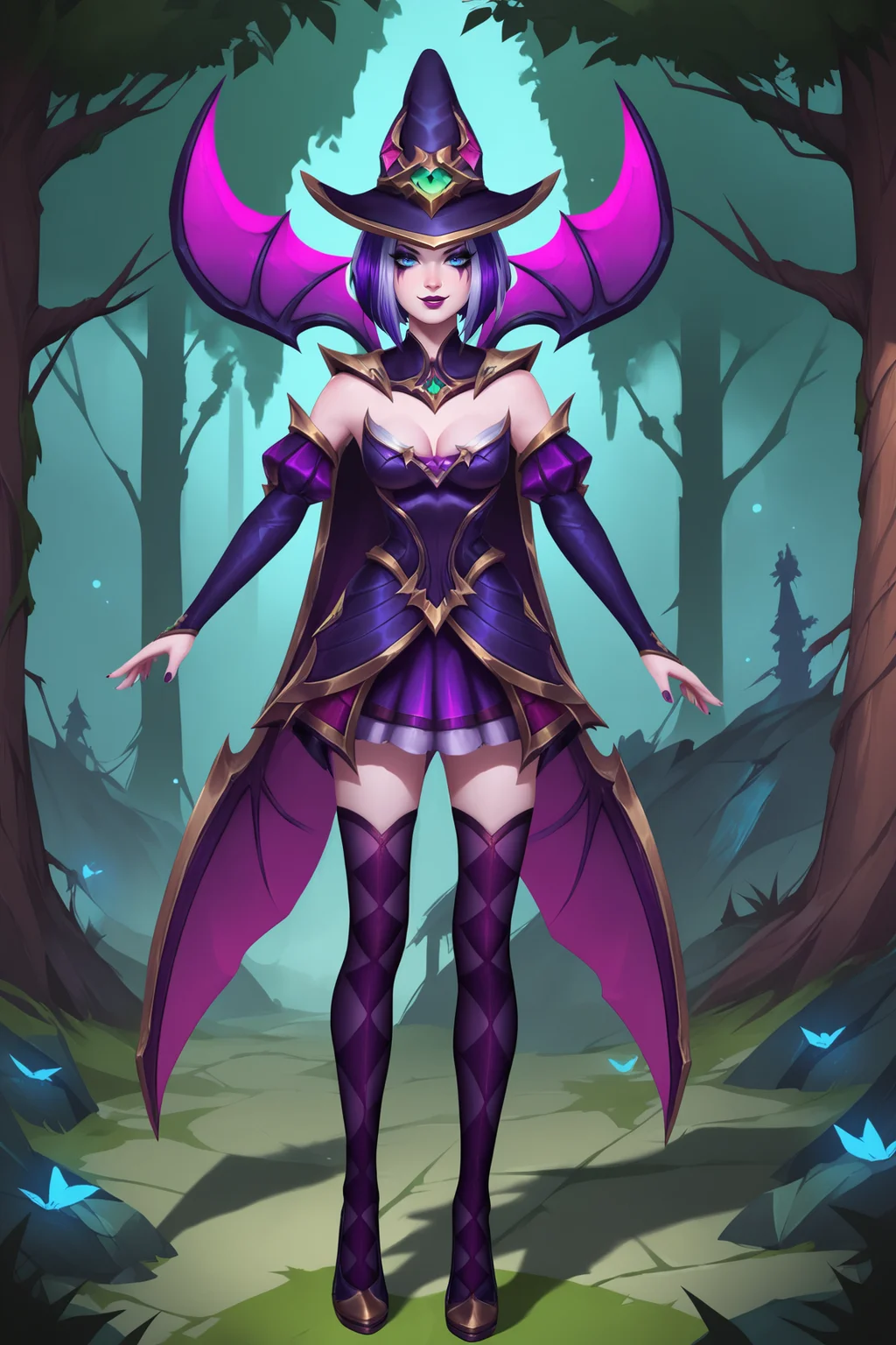 score_9, score_8_up, score_7_up, score_6_up, BREAK, LeBlancBXL, white skin, colored skin, makeup, blue eyes, purple hair, multicolored hair, short hair, witch hat, medium breasts, cape wings, cleavage, purple dress, detaches sleeves, purple sleeves, purple skirt, purple thighhighs, purple high heels, solo, full body, standing, seductive smile, looking at viewer, forest, tree <lora:LeBlancBXL:0.8>