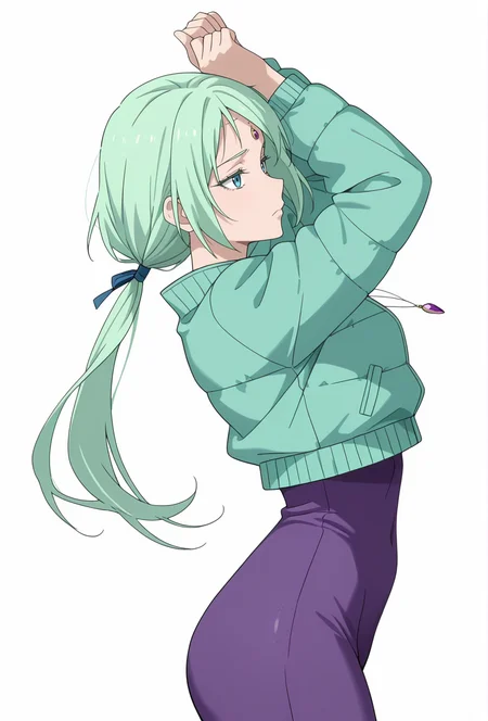 Smooth Quality,masterpiece,very intricate, high quality details, ultra realistic, high detailed skin,detailed enviorement,absurdres,
simple background, white background,solo,
from side,dancing,
depressed,
<lora:Mjurran_cnn:0.8> mjurrancnn,1girl, short hair, green hair, blue eyes, frown,necklace, forehead jewel,low ponytail + long hair,
unitard, ,puffer jacket, ,tulip skirt,