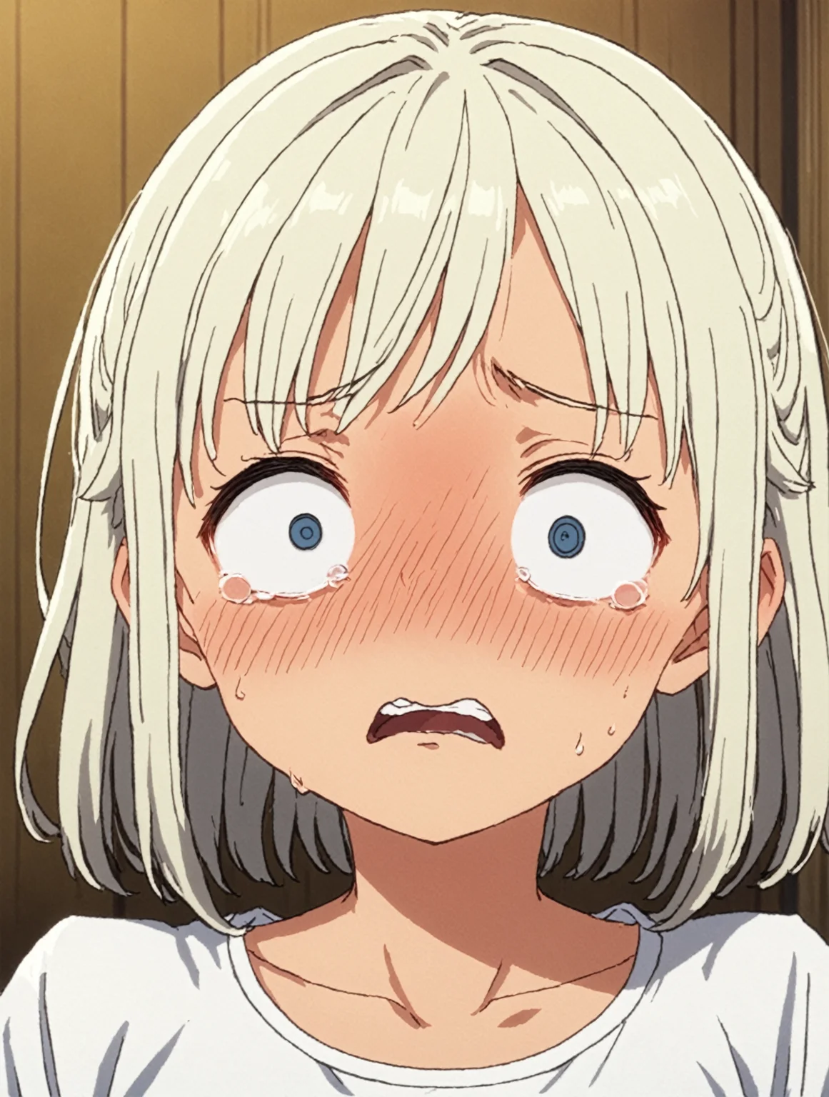 masterpiece, best quality,
anime screencap,
<lora:embarrassedexposure.sdxl.v1:1>
1girl,solo,
shockedface,embarrassed, constricted pupils, wide-eyed,
portrait,
standing,
facing viewer,
white shirt,