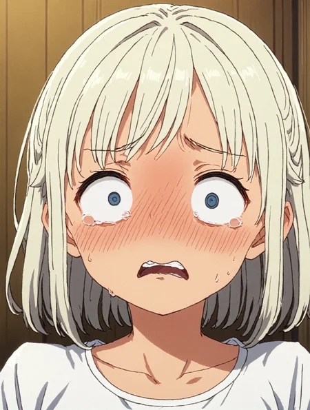 masterpiece, best quality,
anime screencap,
<lora:embarrassedexposure.sdxl.v1:1>
1girl,solo,
shockedface,embarrassed, constricted pupils, wide-eyed,
portrait,
standing,
facing viewer,
white shirt,