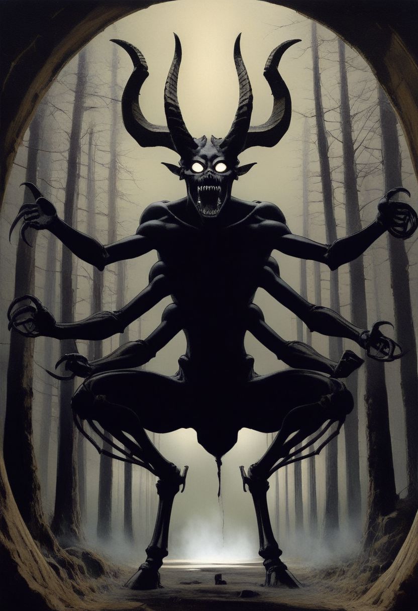 1 creature, dynamic view, 3/4 view, gigant character, dark silhouette, multiple arms, ((multiple horns, numerous horns, multiple large horns, multiple small horns, branching horns, chaotic horns)), ((asymmetrical)), multiple eyes, multiple sharp teeth, open mouth, crouching, reaching towards the ground, skeletal arms, loose flesh
ph4nt0m01l, Trees, fog, high quality, best quality,  score: 9, score: 8 up, rating: safe