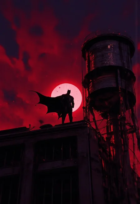 Batman is positioned prominently on a building rooftop, looking down over the city in a vigilant stance.
He wears his black suit, complete with a cape that flows down his back, creating a silhouette effect against the night sky.
The sky is tinged with a moody blend of dark red and purple tones, creating an intense,
Stars are faintly visible in the night sky,
A flock of bats is shown flying around Batman,
The rooftop Batman stands on has a modern industrial look, with large windows that are darkened, suggesting it is late at night.
To the right of Batman, a tall, cylindrical water tower with a mosaic-like pattern stands on a metal frame. The water tower
The light source behind Batman casts a dramatic glow, giving him a backlit effect and making him the focal point of the image.
The color palette is dominated by shades of dark red, purple, and black, creating a noir-inspired, intense ambiance.