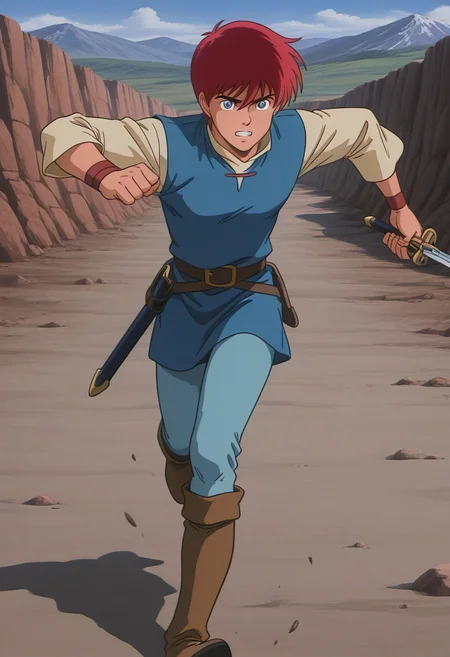 1boy, solo, adolysiova, red hair, short hair, blue eyes, shirt, long sleeves, high collar, tunic, belt, pants, wristbands, boots, outdoors, quarry, running, holding sword, serious, clenched teeth,