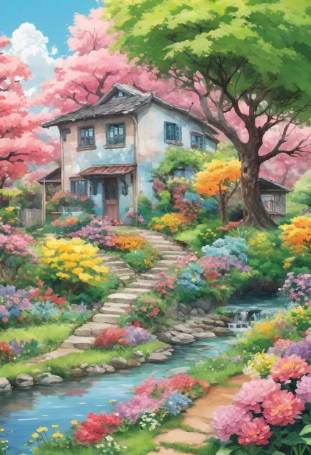 clear image, masterpiece, high definition, ultra clarity, the best resolution, anime style, a small house in the style of a basic drawing, pastel colors, bright colors, giant flowers, a small stream, a few clouds in a pale sky