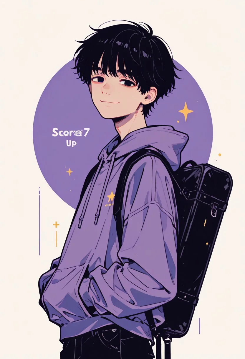 score_9, score_8_up, score_7_up, source_anime, highly detailed, inkoust, (in case: 0,6), detailed face, (dynamics: 1), stylized, illustration, flat line, flat vector illustration, kazahaya, side view, 1boy, male focus, solo, black hair, upper body, black eyes, looking at viewer, smile, hoodie, hood, pants