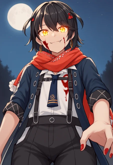 score_9, score_8_up, score_7_up, source_anime, mme1, 1boy, otoko no ko, androgynous, yellow eyes, black hair, hairclip, hair ornament, earrings, fang, fangs, red nails, nail polish, scarf, red scarf, shirt, white shirt, necktie, blue necktie, suspenders, coat, blue coat, sleeves rolled up, pants, black pants, closed mouth, smile, pov, glowing eyes, dark, moon, night, blood on face, blood on clothes, from below<lora:MashiroMemeXL-12:1>