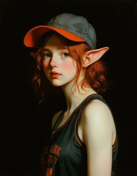 masterpiece, high quality, Oil Painting, Hyper-realistic, tomboy elf girl, wearing sports tank top, basketball hat, green eyes gleam with an otherworldly glow, contrasting with the pale complexion of their ethereal white skin. They have small pointed elf ears, red hair, petite skinny body, skinny. Dark background. Elaborate details, (2/3 rule composition:0.5), ultra detailed, romantic, Rembrandt lighting, brush stroke, lovely, del1cate_balance style, FS, in the style of Rembrandt. vantablack <lora:style_of_Rembrandt_FLUX_135:.8> <lora:- Flux1 - vanta_black_V2.0:.4> <lora:FS_v2:.4> <lora:Delicate_Balance:.3> <lora:neeeg_f1:-1> <lora:Midjourney_Whisper_Minimal:.3>