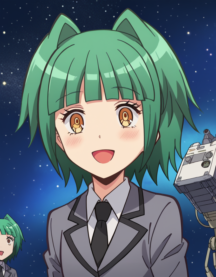 score_9, score_8_up, score_7_up, source_anime, <lora:kaede-kayano-s1s2-ponyxl-lora-nochekaiser:1>, kaede kayano, short hair, bangs, brown eyes, yellow eyes, green hair, hair intakes, anime screencap,, blazer, grey blazer, school uniform, pleated skirt, necktie, grey skirt, black necktie, white shirt, collared shirt, long sleeves,, factory, machines, workers, assembly, production, smile, <lora:space-cat-ponyxl-lora-nochekaiser:1> space cat, space cat (meme), galaxy, meme, space, galaxy background, universe, nebula, star (sky), blank stare, looking up, open mouth, blush, cowboy shot, looking at viewer, solo,, dutch angle, cowboy shot
