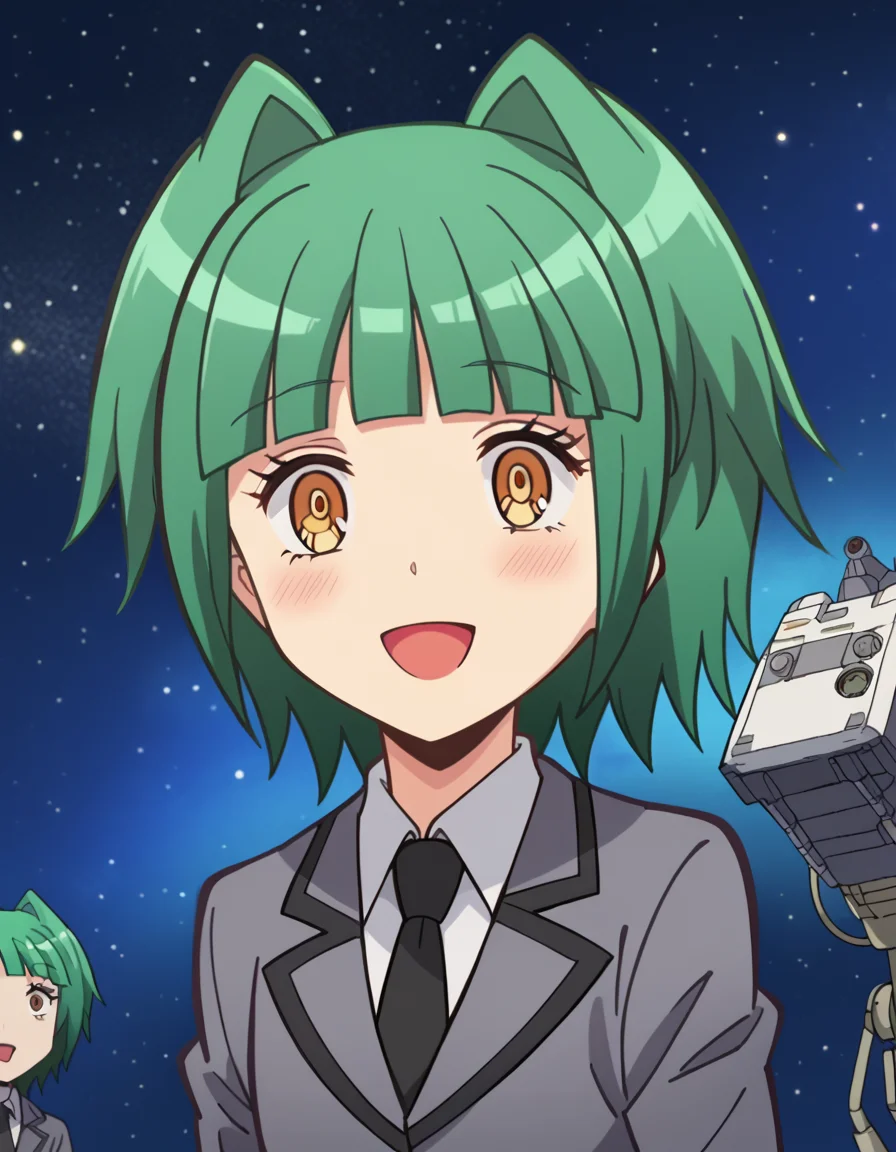 score_9, score_8_up, score_7_up, source_anime, <lora:kaede-kayano-s1s2-ponyxl-lora-nochekaiser:1>, kaede kayano, short hair, bangs, brown eyes, yellow eyes, green hair, hair intakes, anime screencap,, blazer, grey blazer, school uniform, pleated skirt, necktie, grey skirt, black necktie, white shirt, collared shirt, long sleeves,, factory, machines, workers, assembly, production, smile, <lora:space-cat-ponyxl-lora-nochekaiser:1> space cat, space cat (meme), galaxy, meme, space, galaxy background, universe, nebula, star (sky), blank stare, looking up, open mouth, blush, cowboy shot, looking at viewer, solo,, dutch angle, cowboy shot