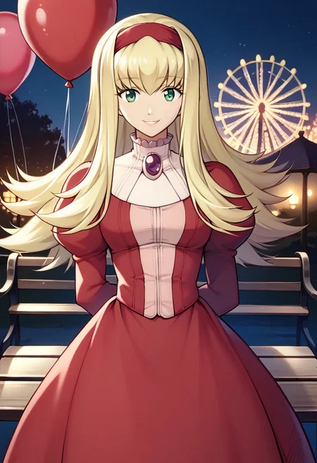 score_9, score_8_up, score_7_up, highres, (best quality:1.1), masterpiece, absurdes, 1girl, solo, long hair, looking at viewer, smile, standing, outdoors, night, arms behind back, bench, balloon, lamppost, ferris wheel, <lora:xfalexia-pdxl-nvwls-v1-000005:1> defAlexia, long hair, blonde hair, red hairband, brooch, red ballgown, puffy sleeves, frilled sleeves, smile