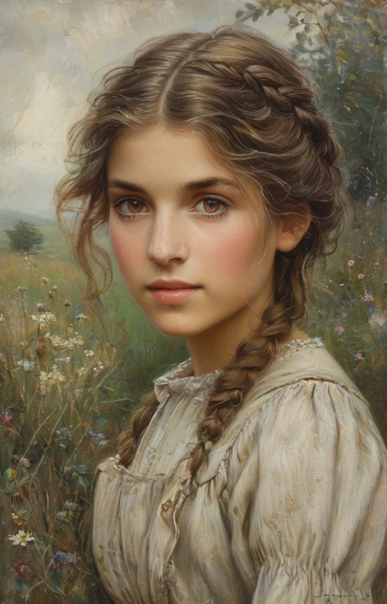 masterpiece,best quality,<lora:tbh136-sdxl:0.85>,portrait of  woman,illustration,style of Helen Allingham,