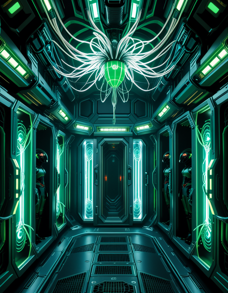 A dark, oppressive regeneration chamber deep within a Borg vessel â a biomechanical environment where drones return to recharge and interface with the collective. The chamber is dimly lit with pulsating green and white lights that flicker through dense shadows. The walls are lined with vertical alcoves, each containing a Borg drone standing motionless, plugged into the system via biomechanical tendrils, tubes, and neural interfaces embedded into their bodies.
The surfaces of the room are a fusion of metallic plating, organic texture, and cybernetic growths â as if the ship itself is alive, constantly shifting and adapting. Steam hisses softly from vents near the floor, and faint mechanical whirring echoes through the chamber. Fiber optic cables pulse with data transmissions, running across the ceiling like glowing veins. 
Above, a central neural conduit hangs like a mechanical spine from the ceiling, branching out and connecting to each alcove, feeding the collective hive mind with real-time information. The atmosphere is cold, sterile, and unnervingly silent â a place devoid of individuality, where only the will of the collective exists. There is no comfort here, only efficiency, order, and total control. 
<lora:SDXLFaeTastic2400:0.4> <lora:extremely_detailed:0.4> extremely detailed,<lora:borg_recharge_ch4mb3r:1>,borg recharge ch4mb3r, Masterpiece,best quality,hi res,8k,hi res,8k,award winning,(sharp focus, intricate, highly detailed),