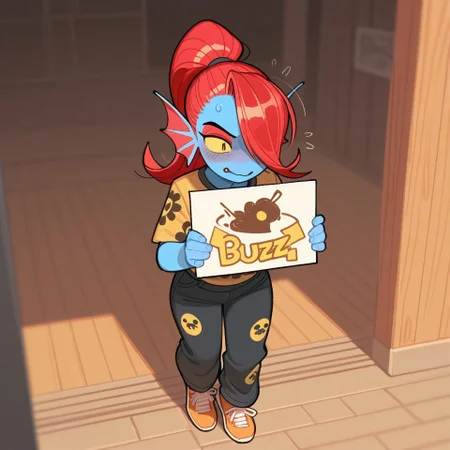(masterpiece, best quality, very aesthetic, absurd, artist:wamudraws, shading, detailed background, shading, depth of field, full body shot,), <lora:Wamudraws_Style_Ill:1>, (undertale, Undyne, red hair, blue skin, black pants), embarrased, scared, blush, holding sign, (print "buzz", "buzz" print:2.2)