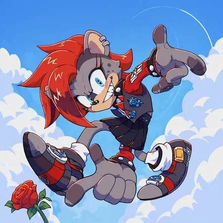 safe_pos, safe_pos, score_9, score_8_up, score_7_up, score_6_up, score_5_up, score_4_up, rating_safe, blue eyes, sonic channel (style), looking at viewer, grin, teeth, full body, sonic adventure pose
hyena, best quality, blush, extreme detail, masterpiece, anatomically correct, grey fur, red undercut, red hair, black skirt, masterpiece, rose, sexy, outside a club,