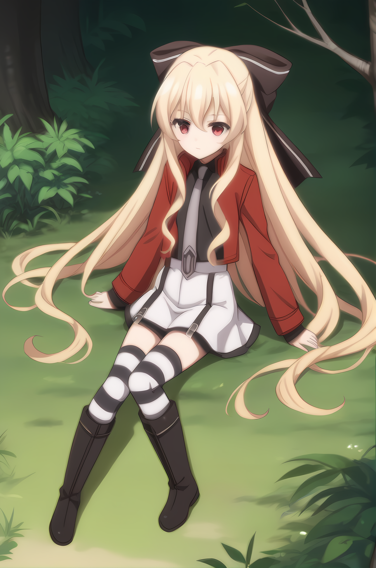 (red jacket necktie black shirt white skirt striped thighhighs black boots), mt-leticia-petite, petite, young, blonde hair, hair bow, 1girl, solo, skinny, feet, score_9, score_8_up, score_8, score_7_up, score_7, source_anime, blush, forest, (full body|sitting|standing|lying|:1.20), <lora:mt-leticia-V01-000004:0.80>