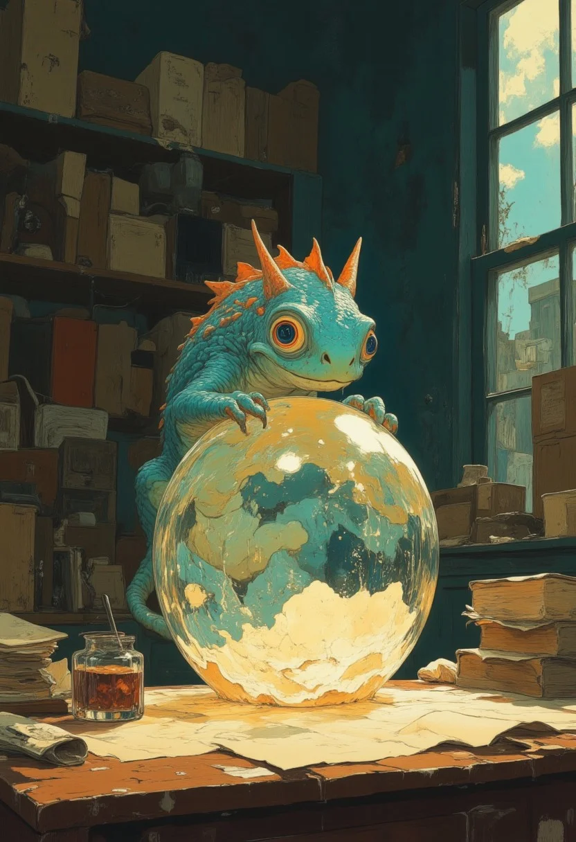 A small baby dragon perched delicately atop a glowing crystal ball, its tiny claws gripping the orb as soft light emanates from within, casting ethereal reflections across the desk. The dragon's scales shimmer in shades of iridescent emerald and sapphire, glinting faintly in the dim, shadowed room. Its curious eyes glow with a gentle golden hue, watching the beams of sunlight streaming through the nearby window, which cut through the dusty air like radiant spears. The desk is cluttered with ancient scrolls, weathered books, and a quill resting in an inkwell, adding a sense of mystique and age. The warm sunlight softly illuminates the scene, contrasting with the dark, cozy room and enhancing the enchanting glow of the crystal ball, creating a magical, dreamlike ambiance. DB4RZ style painting.