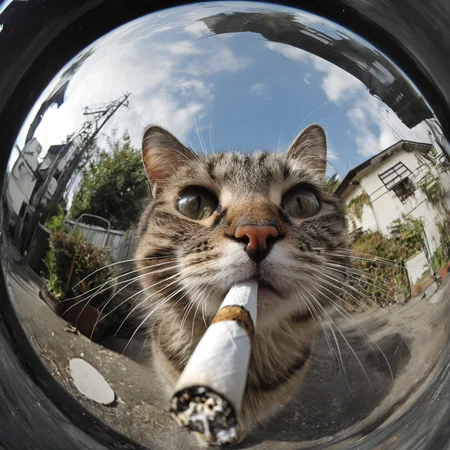 masterpiece,best quality,<lora:tbh323-sdxl:0.6>,illustration,cat in fisheye,smoking,cigarette,