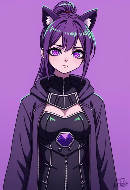 score_9, score_8_up, score_7_up, masterpiece, best quality, detailed, amazing quality, detailed background, colorful, detailed eyes, clean eyes, solo, medium breasts, pose, cat ears,
1girl, purple hair, ponytail, black clothes, coat, gloves, hoodie, white clothes, body armor,