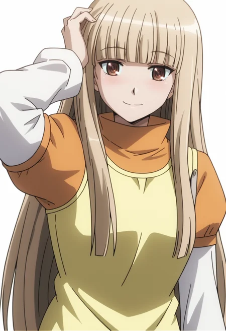 score_9, score_8_up, score_7_up, source_anime, (white background:1.2) ,BREAK, 1girl, solo, <lora:DX888Kashiko:1>, misumi kashiko, brown eyes, blonde hair, long hair, . layered sleeves, dress, adjusting hair, smile,