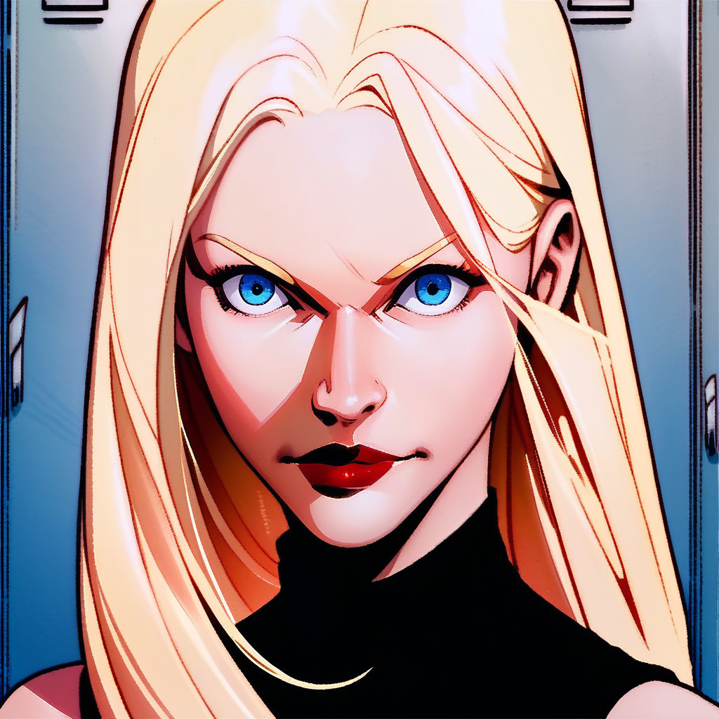 score_8, score_8_up, score_7_up, official art, 1girl, female focus, solo, SSMC2, blue eyes, blonde hair, long hair, red lips, black shirt, sleeveless, portrait, looking at viewer, indoors, locker