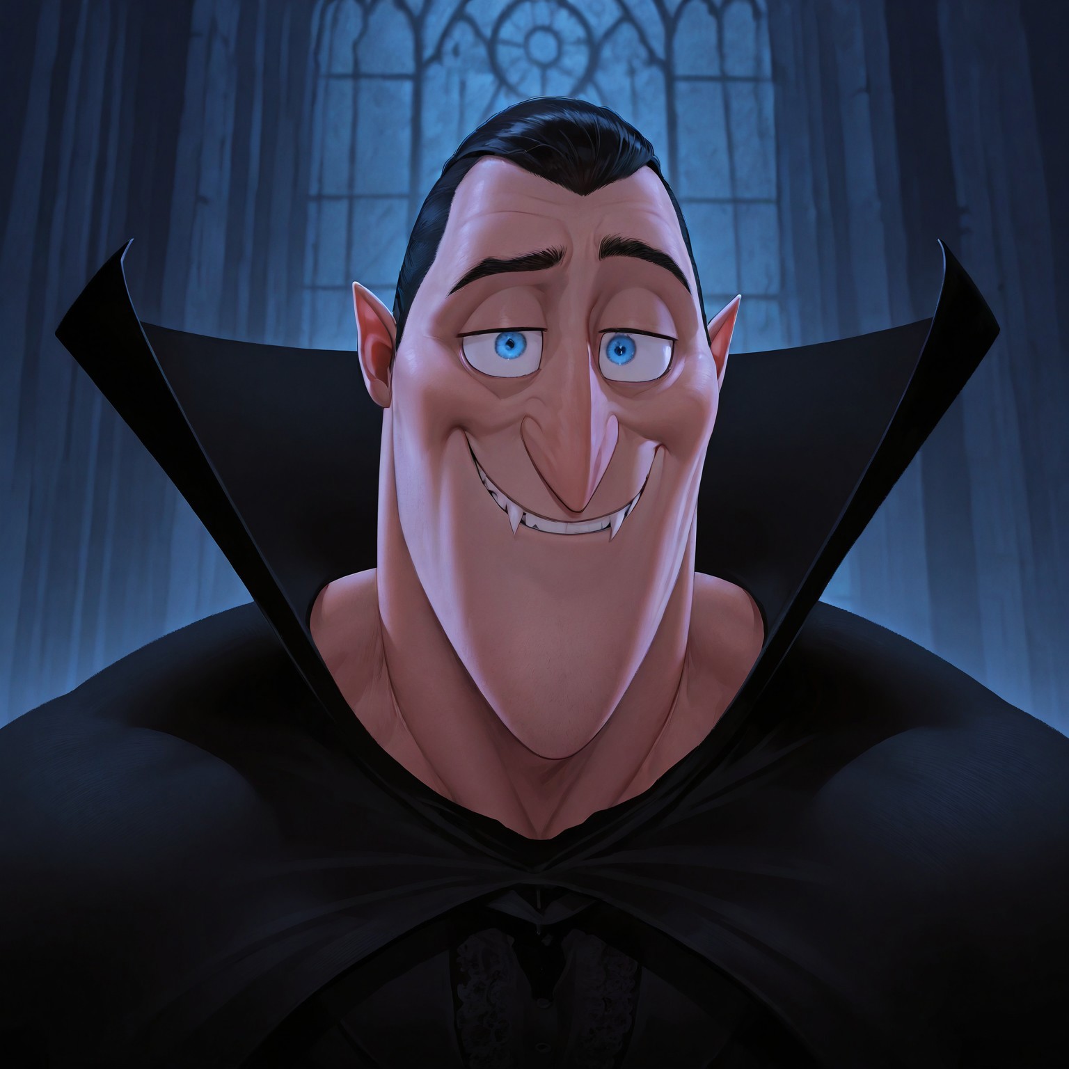 masterpiece, best quality, absurdres, newest, perfect quality, best quality, absolutely eye-catching, detailed background, intricate details, bara, 1boy, 1boy, smirk, looking away, male, male focus, solo, mature, black hair, short hair, slicked back hair, blue eyes, thick eyebrows, vampire, fangs, pointy ears, black tuxedo, lace details, black cape, high collar, bara, muscular, large pectorals, large biceps face close-up, portrait, looking at viewer, very awa, best quality, absurdres, newest, perfect quality, detailed background, intricate details, (artist:rokudenashi:0.8), (artist:dizdoodz:0.7), (artist:gomtang:0.6)