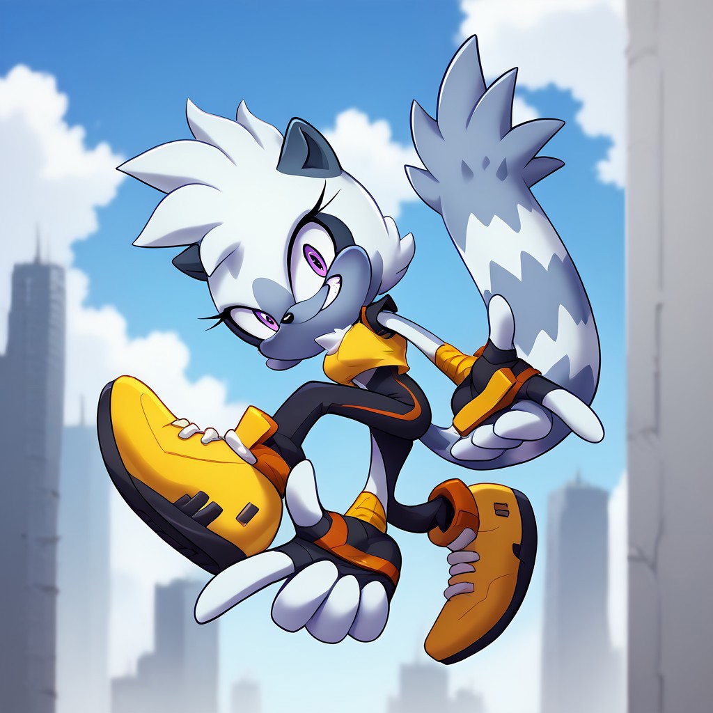 score_9, score_8_up, score_7_up, (best quality, adorable), ultra-detailed, high resolution, 8k, 1girl, Tangle the Lemur, gray fur, purple eyes, Sonic adventure pose, long white and gray tail, looking at viewer, grin, teeth, full body, yellow crop top, black bodysuit, yellow shoes, city, blue sky, ( breasts, thick thighs, skinny, curvy, busty, high quality, masterpiece, wide hips), BREAK outside, Rich, Detailed background, ambient light
