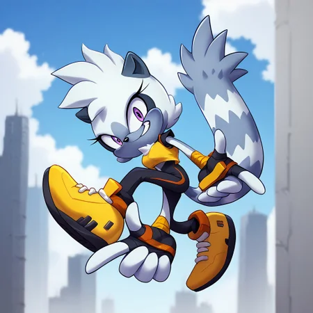 score_9, score_8_up, score_7_up, (best quality, adorable), ultra-detailed, high resolution, 8k, 1girl, Tangle the Lemur, gray fur, purple eyes, Sonic adventure pose, long white and gray tail, looking at viewer, grin, teeth, full body, yellow crop top, black bodysuit, yellow shoes, city, blue sky, ( breasts, thick thighs, skinny, curvy, busty, high quality, masterpiece, wide hips), BREAK outside, Rich, Detailed background, ambient light