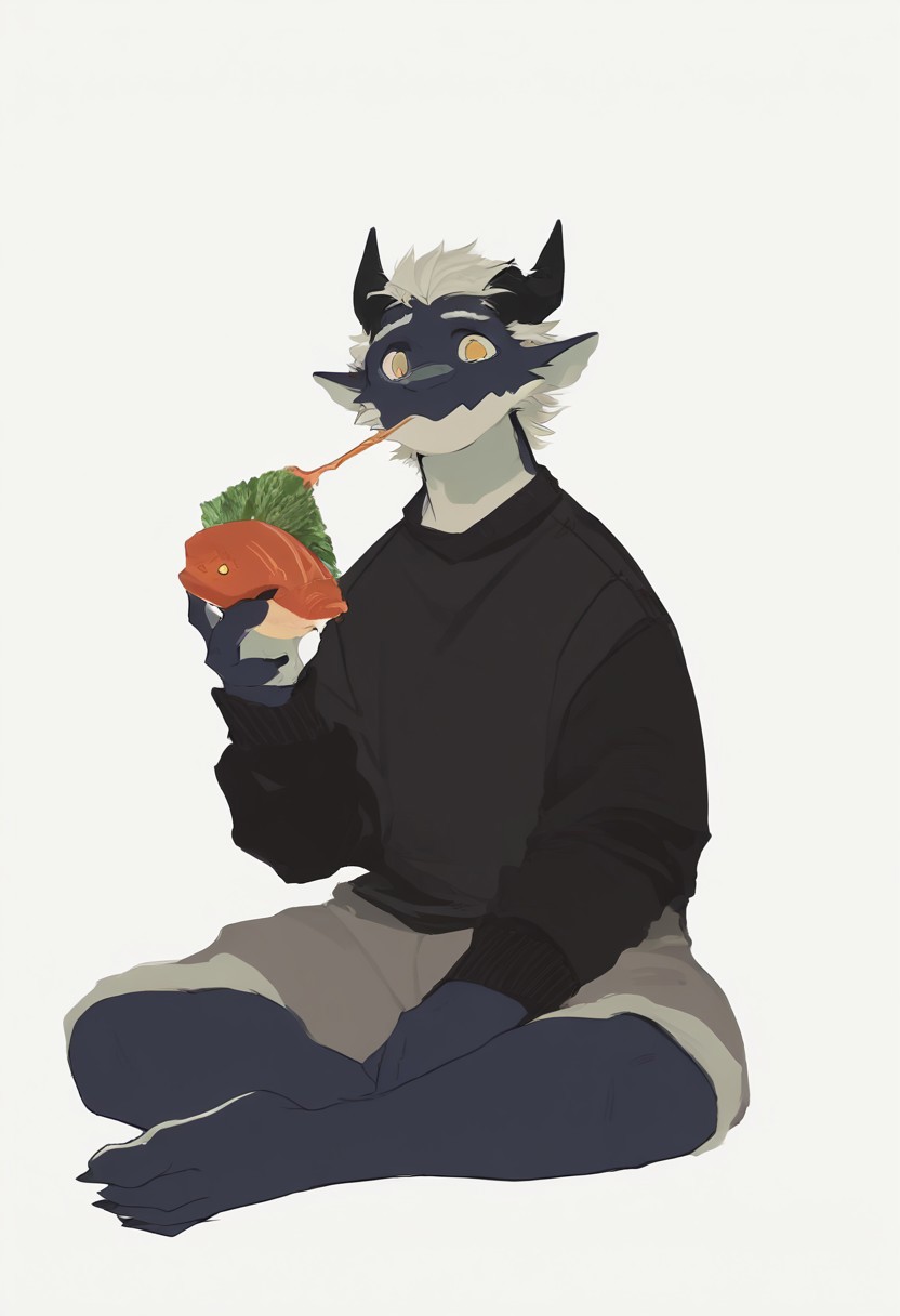score_9_up, score_8_up, score_7_up, source_furry, yay, dragon boy, white eyebrows, yellow eyes, 1boy, solo, sitting, black sweater, gray shorts, eat big fish, simple background, white background, dnd