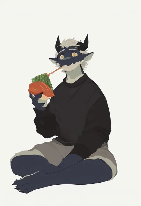 score_9_up, score_8_up, score_7_up, source_furry, yay, dragon boy, white eyebrows, yellow eyes, 1boy, solo, sitting, black sweater, gray shorts, eat big fish, simple background, white background, dnd
