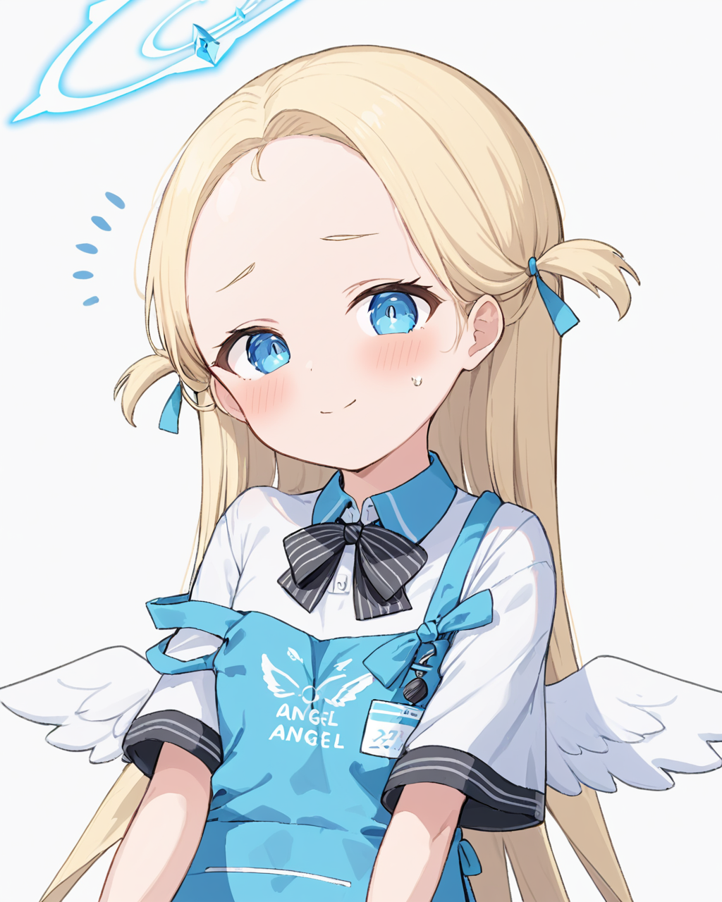 sora \(blue archive\),1girl, solo, white_background, v, halo, short_eyebrows, strap_slip, simple_background, blue_apron, two_side_up, closed_mouth, collared_shirt, white_shirt, upper_body, forehead, flying_sweatdrops, thick_eyebrows, short_sleeves, blush_stickers, black_bow, cropped_torso, white_wings, smile, striped_bow, looking_at_viewer, mini_wings, :>, hand_up, blush, ribbon
<lora:sora_(blue_archive)_image805_2023-12-03-000015:1>halo. gorgeous,key visual, vibrant, studio anime,award-winning, professional, highly detailed,high budget, cinemascope