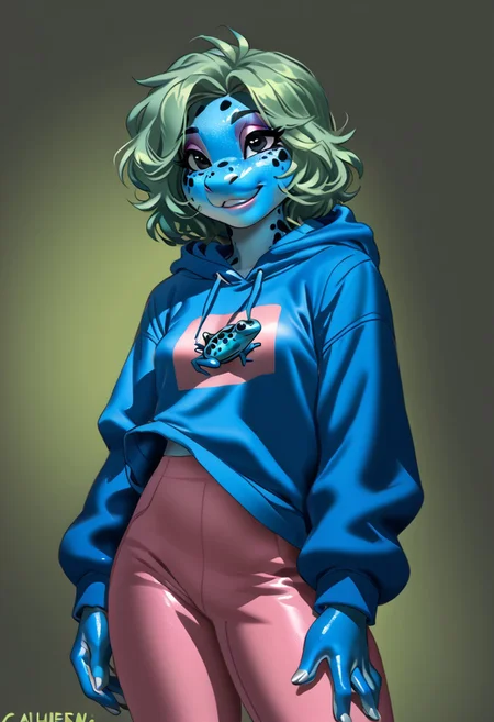 score_9, score_8_up, score_7_up, (by kittydee:1.5), (by jailbird:1.5), (by zummeng:1.5), masterpiece, best quality, (solo),
(Furry Art : Anthro : Blue Poison Dart Frog:1.5), (scaly), 1girl, expressive eyes, feminine eyes, perfect face, feminine face, (pale green hair:1.5), (short wavy twintail hair:1.3), feminine body, small breasts, (frog:1.3), amphibian, blue skin, black spots, (pastel blue hoodie:1.5), (pink yoga pants), (t-shirt:1.5), (black eyes),