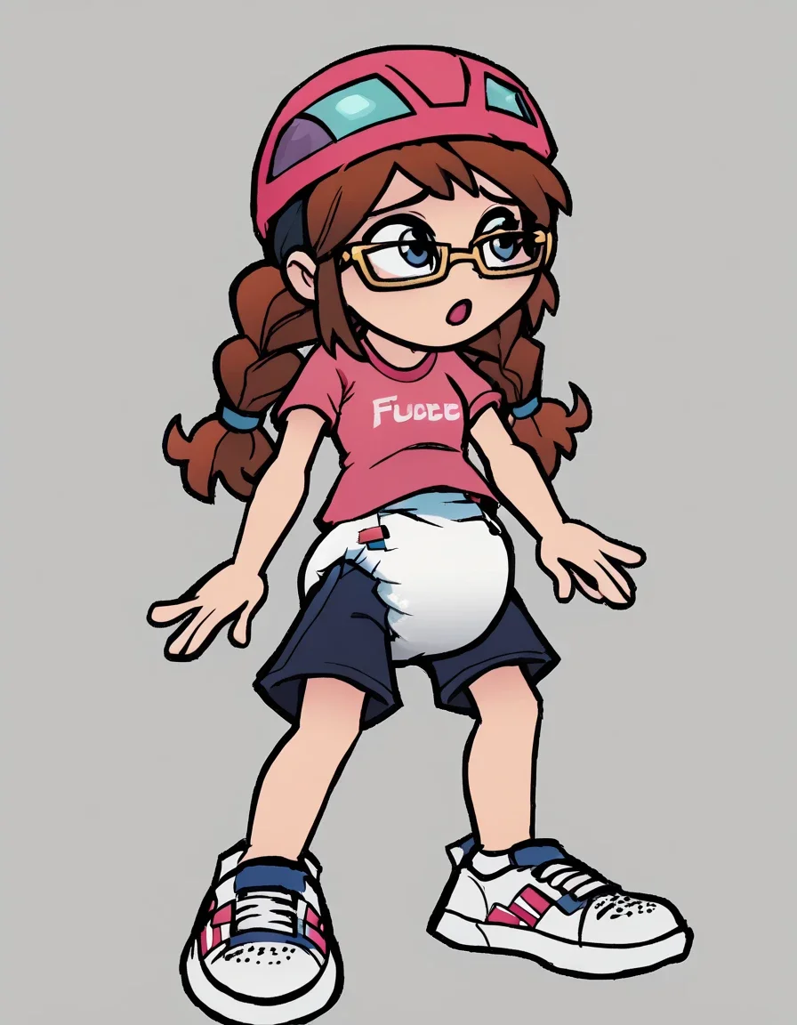 FeeBeeSML, 1girl, solo, long hair, blue eyes, shirt, brown hair, standing, full body, braid, short sleeves, shorts, shoes, gold glasses, twin braids, headband, white footwear, sneakers, t-shirt, english text on shirt, blue shorts, pink shirt, diaper outside of shorts, pink bicycle helmet, screencap