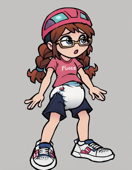 FeeBeeSML, 1girl, solo, long hair, blue eyes, shirt, brown hair, standing, full body, braid, short sleeves, shorts, shoes, gold glasses, twin braids, headband, white footwear, sneakers, t-shirt, english text on shirt, blue shorts, pink shirt, diaper outside of shorts, pink bicycle helmet, screencap