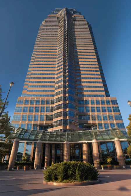 masterpiece, best quality, realistic,   zzNakatomi, entry, day, tree, blue sky, no humans, window, shadow, plant, city, road, cityscape, lamppost, skyscraper   ,<lora:NakatomiIXL:1.0>,