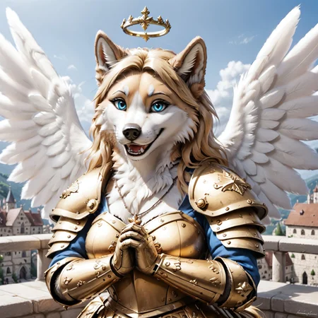 Realistic, highres, super high resolution, 8k, photo, 
anthro, female wolf, voluptuous figure, tufted fur, tufted ears, cheast tuft, fluffy canine tail, detailed fur, detailed body, detailed face, long blond hair, canine teeth, white and golden fur, blue eyes, medieval castle, solo, whiskers, seductive look, balcony, overview, medieval city, golden knight armor, small angel wings, holding golden shield, medium breasts, golden armored skirt, golden armored gloves, golden armored lewear, golden armored boots, golden halo, praying,golden cross necklace,