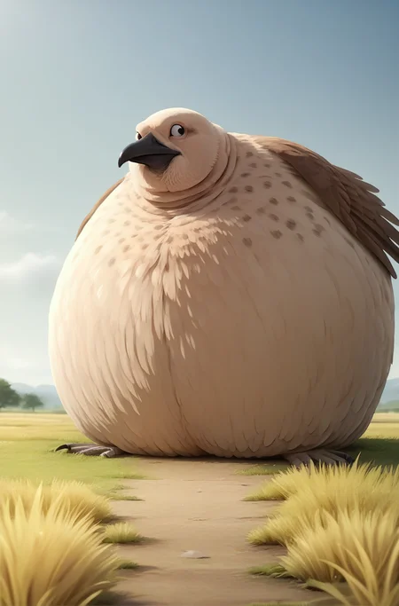 <lora:Round animal:0.7> animal focus, no humans, outdoors, grass, sky, fat sparrow, fat bird, on ground, open wings, score_9, score_8_up, score_7_up, source_anime,