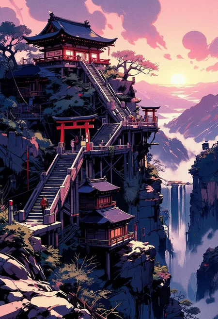Mh1$AgThS2, intricate linework with expressive contrasts, soft lighting with dynamic highlights, A digital artwork in the style of cknc, image of a shinto shrine set high in the mountains, with a long staircase leading up with several tori gates overarching the staircase, with a faint mist settling in the ravine behind, rocky, woodland, sunset
