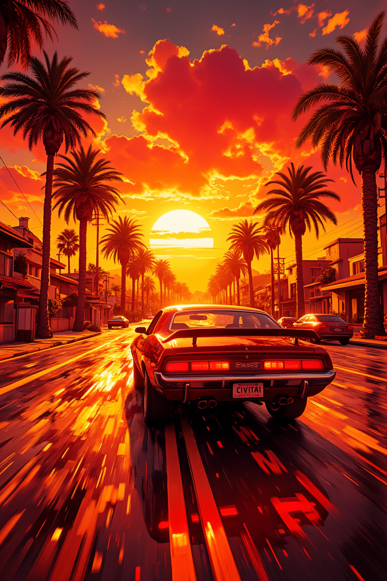 pinhole photography. Dutch angle cinematic shot of a cherry red muscle car from the 1970s cruising at speed onto a majestic reddish sunset. The road reflects the bright orangish glow of the sun on the drenched asphalt, and palm trees line its sides. Bright yellows and reds reflect on the car's body and highlight its fast moving silhouette. Pinkish clouds adorn the vast expanse of the horizon, creating depth and perspective in this energetic composition. The car's license plate has the text "CIVITAI".