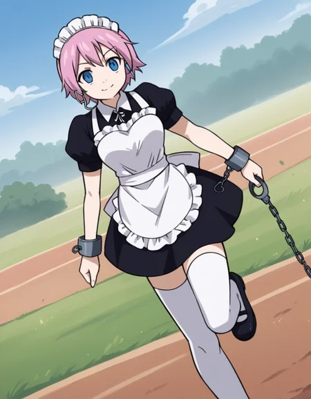 score_9, score_8_up, score_7_up, source_anime, <lora:fairytail-virgo-s7-ponyxl-lora-nochekaiser:1>,, maid virgo, short hair, bangs, blue eyes, pink hair, thighhighs, dress, short sleeves, shoes, puffy sleeves, black footwear, apron, black dress, white thighhighs, puffy short sleeves, zettai ryouiki, maid, maid headdress, white apron, maid apron, cuffs, enmaided, handcuffs,, suburban neighborhood, morning jog, earphones, running shoes, fresh air, sunrise, smile, , hand making an OK sign, solo,, cowboy shot, dutch angle