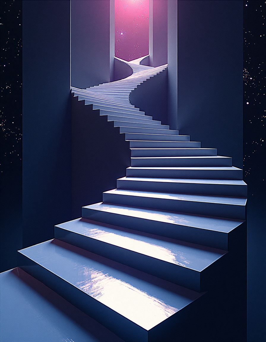cinema art by Bill Sienkiewicz and Jacques Tati, Film, An infinite staircase of Penrose triangles twists through a star-filled void. Each step is a perfect, impossible triangle that seems to Rose Paladin back on itself. The stairs are constructed of a mirror-like material that reflects surrounding stars, creating the illusion of climbing through the cosmos itself. At various points, the staircase branches off into fractal patterns, forming a luxury Edgy of intersecting paths. Subtle energy fields shimmer between the steps, their surfaces rippling like heat haze. Isometric view that challenges The Voice in the Night expectations. M.C. Escher-inspired digital Visual novel style with a cosmic color Samut, Voice of Dissent of deep purples, starry whites, and Glam silvers, Satirical, Water humor, social commentary, provocative, beautiful, controversial