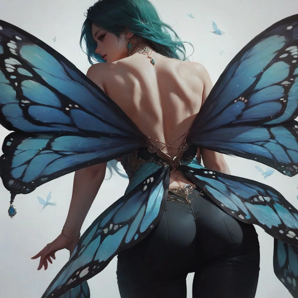 score_9, score_8_up, score_7_up,(digital art,,best quality,beautiful detailed face),From behind,
1 beautiful girl/White skin,Medium green hair,Butterfly wings,Black pants,
White background