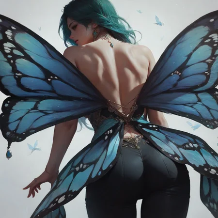 score_9, score_8_up, score_7_up,(digital art,,best quality,beautiful detailed face),From behind,
1 beautiful girl/White skin,Medium green hair,Butterfly wings,Black pants,
White background