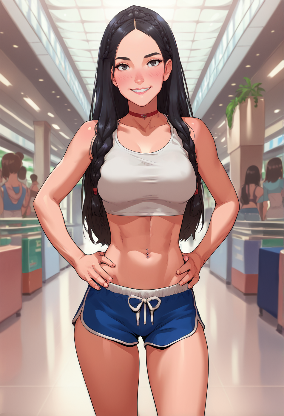 1 girl,  view from front, Tekuho Style, 
standing, hands on own hips,
looking at the viewer, smile, blush,
braid, long hair, black hair,
medium breasts, narrow waists, wide hips,
dolphin shorts, white tank top,
choker, Navel piercing,
mall, public, crew
 <lora:Tekuho_Style_PonyXL:1>, score_9, score_8_up, score_7_up, score_6_up, score_5_up, score_4_up,