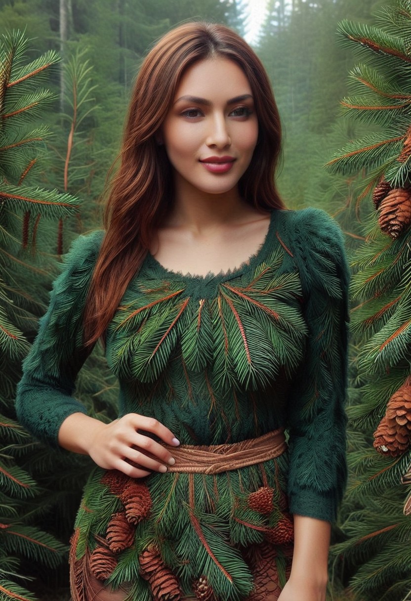 dawn, dark pine forest, colorful dress, perfect picture, (anatomically correct:1.7), score_9, score_8_up, score_7_up, score_6_up, score_5_up, score_4_up, UHD, 8K, masterpiece, detailed, ultra_high_resolution, lots of detail, OverallDetailXL, detailxl, Sci-fi Environments, epiCPhotoGasm-colorfulPhoto. style-empire, colorful style, 1woman, curvy, narrow waist, full lips, (red lips), flowing hair, (natural  eyes:1.3), full smile, mature female, milf, motherly. 32 years old, fir needles, fir needle style, fir needle, (long skirt made out of fir needles and pine cones:2), (long skirt:2.2), (fully dressed:2), (covered body:1.8), (fully covered breasts:1.5), high neck closure, add-detail-xl, short puffy sleeves, Cambodian woman, long hair, light brown hair, small waist, wide hips, high cheekbones, golden glow, (Auntie Flatts:1.12), (blouse made out of  fir needles:2).