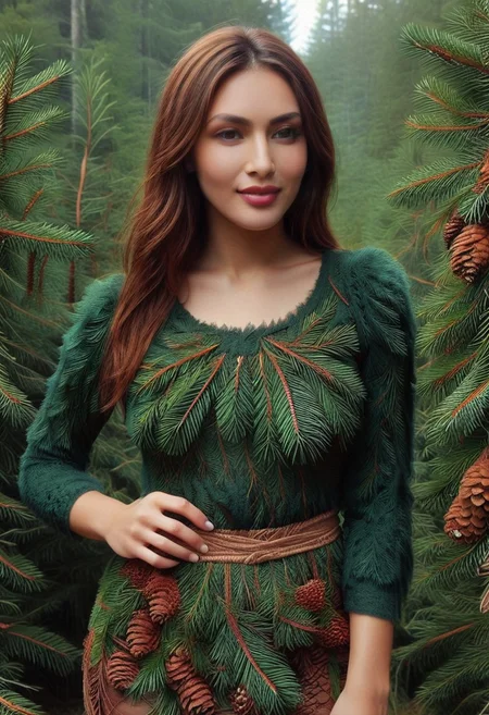 dawn, dark pine forest, colorful dress, perfect picture, (anatomically correct:1.7), score_9, score_8_up, score_7_up, score_6_up, score_5_up, score_4_up, UHD, 8K, masterpiece, detailed, ultra_high_resolution, lots of detail, OverallDetailXL, detailxl, Sci-fi Environments, epiCPhotoGasm-colorfulPhoto. style-empire, colorful style, 1woman, curvy, narrow waist, full lips, (red lips), flowing hair, (natural  eyes:1.3), full smile, mature female, milf, motherly. 32 years old, fir needles, fir needle style, fir needle, (long skirt made out of fir needles and pine cones:2), (long skirt:2.2), (fully dressed:2), (covered body:1.8), (fully covered breasts:1.5), high neck closure, add-detail-xl, short puffy sleeves, Cambodian woman, long hair, light brown hair, small waist, wide hips, high cheekbones, golden glow, (Auntie Flatts:1.12), (blouse made out of  fir needles:2).