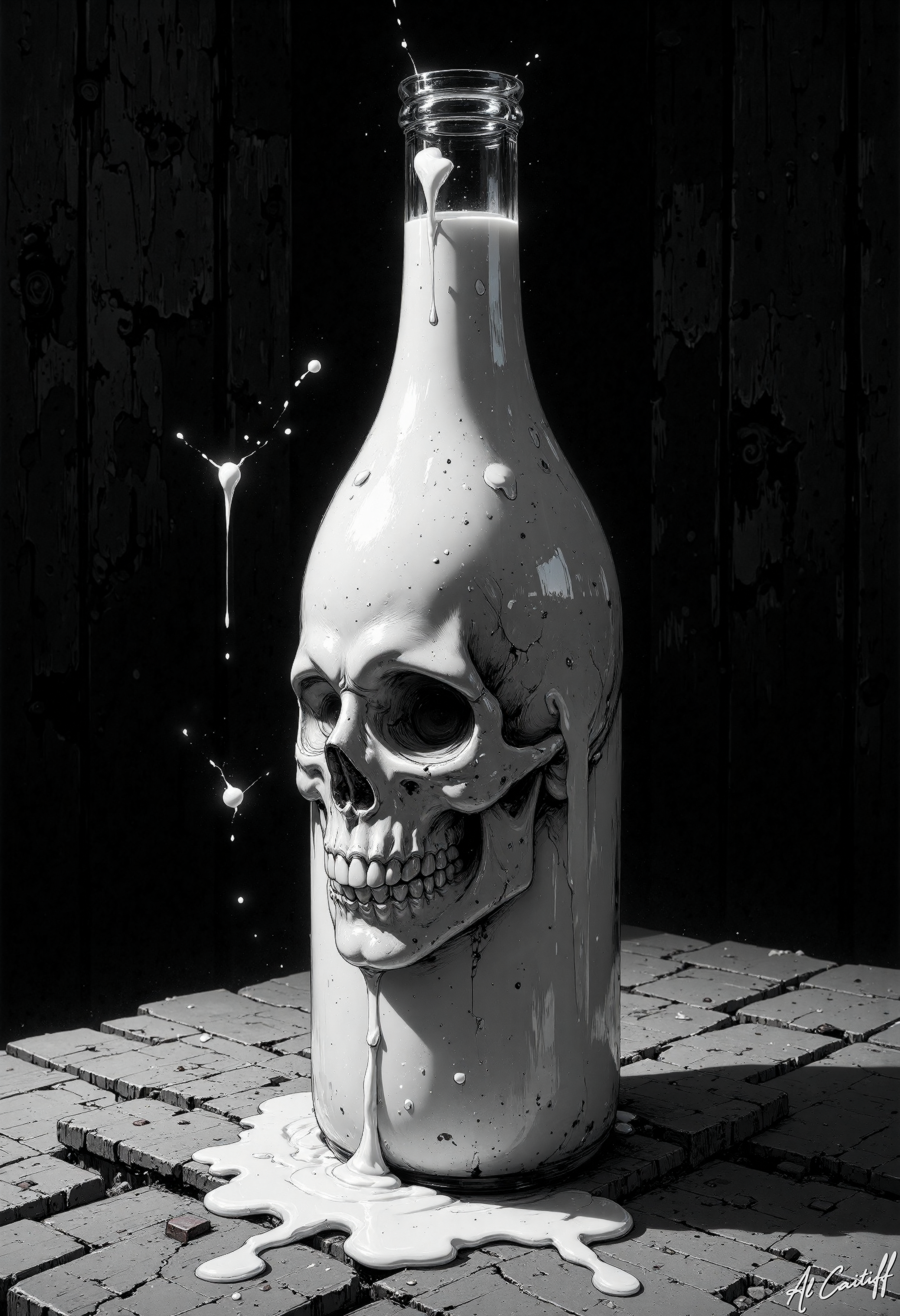 This black and white photograph depicts a glass bottle with a skull's face on its side, partially submerged in a liquid that appears to be milk. A thin stream of milk drips from the skull's mouth, creating a small puddle on the surface below. The bottle is standing upright on a worn and cracked surface, with the light source positioned above it, creating a dark background. The camera angle is straight on, with no distortion or unusual perspective., CreeepyCuteMagic<lora:Flux/creeepycutemagic-000012 - version ER.safetensors:0.5:0.5> <lora:CustomFlux/MysticComic-v2.safetensors:0.5000000000000001:0.5000000000000001> <lora:CustomFlux/MysticFantasy.safetensors:0.15000000000000002:0.15000000000000002>