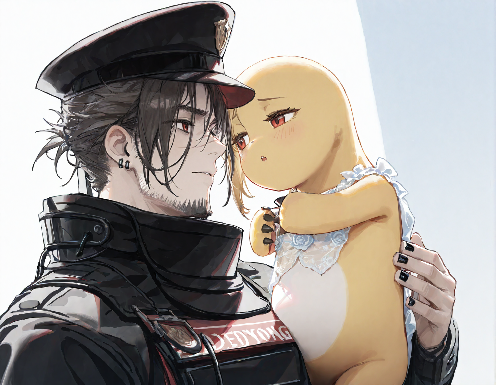 (artist:ciloranko:0.8),[artist:hiten],[[artist:wlop]],[artist:WANKE],[artist:modare],artist:ningen mame,aritst:deadflow,
masterpiece,best quality,newest,absurdres,amazing quality,very aesthetic,from side,dynamic pose,
1boy,muscular,
<lora:Jesselton(noob)>,Jesselton,brow hair,messy hair,red eyes,scar on face,ear piercing,beard,stubble,military hat,brow hair,messy hair,red eyes,scar on face,ear piercing, black jacket, 
ADDCOL,(artist:ciloranko:0.8),[artist:hiten],[[artist:wlop]],[artist:WANKE],[artist:modare],artist:ningen mame,aritst:deadflow,
masterpiece,best quality,newest,absurdres,amazing quality,very aesthetic,sex,dynamic pose,
<lora:nailong_noob_ep50_v1:1.8>,(nailong:1.6),(no humans:1.4),yellow skin,pokemon \(creature\), wedding dress,