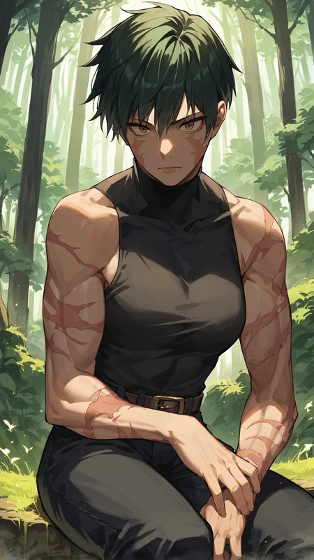 score_9,score_8_up,score_7_up,score_6_up, source_anime, zPDXL, <lora:xl_more_art-full_v1:0.5>, woman, dynamic pose, <lora:Maki - Scarred - Pony-000004:0.8>, short hair, dark green hair, brown eyes, face scars, body scars, black turtleneck, sleeveless, black pants, resting head on hands, forest, tall grass,