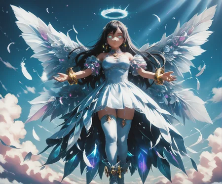 1girl, full body, Ayase Aragaki, long hair, black hair, aqua eyes, bangs, bare shoulders, freckles, tall, large breasts, Dynamic Details, (holographic clothes: glowing vibrant dress, thighhigh boots, golden wrist bangles, skindentation, fashionable, premium, angelic, elegant), faetastic 1girl, cute round face, slender, ultra detailed eyes, ultra detailed hair, ultra beautiful, doll, tpelovedoll, ultrainstinctaura, pure aura, glowing eyes, hands enshrouded with energy, floating, arms extended, dynamic pose, super perspective, from afar, fantasy, flying, torrent winds, (f347h3r angel wings), glowing halo, glowing light particles, trail of aura, glowing feathers, pink clouds, magenta sun, light rays, bokeh, majestic weather, Sky high, purple skies, blue earth below, <lora:Oreimo-Ayase_Aragaki-PDXL:0.75> <lora:superpers:1> <lora:GL0W_SD_1.5__Brightness:1> <lora:BetterFashion_Casual:0.87> <lora:holographic_v0.2-pony:0.85> <lora:hyperdetailer_v095_SD1-5_JuJoHotaru:2> <lora:Varos_-_Feathers_Style_:0.68> <lora:UltraInstinctAura_PXL_Leaf2:0.55> <lora:SDXLFaeTastic2400:0.85> <lora:Koikatsu_PDXL:0.8>, <lora:tpelovedoll-v1.0:0.7> (Embedding:HD32K_NEON),